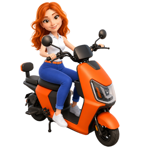 Personagem da Conexão Premiada pilotando uma motoca laranja